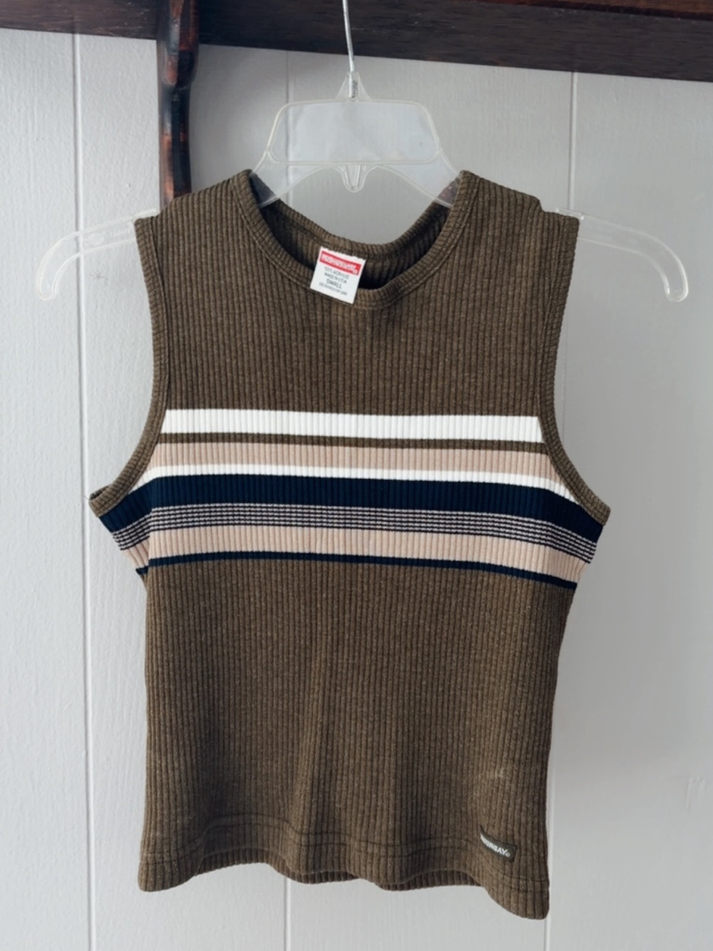 Union Bay Olive Brown Ribbed Tank with Navy, Cream & Tan Stripes
